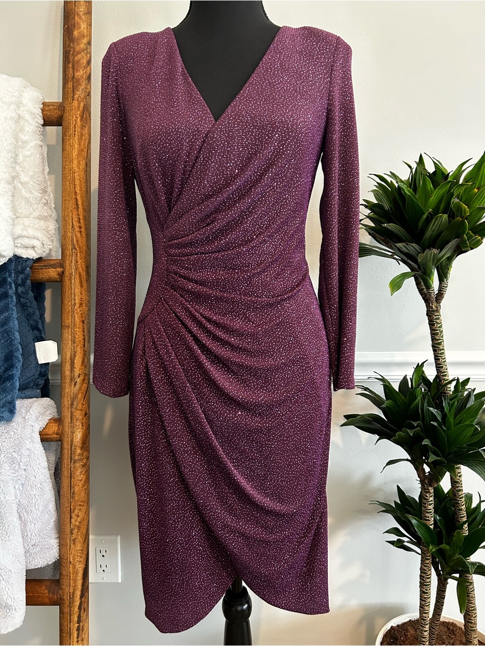 Jessica Howard Ruched V-Neck Long Sleeve Dress — Plum Sparkle Size 10